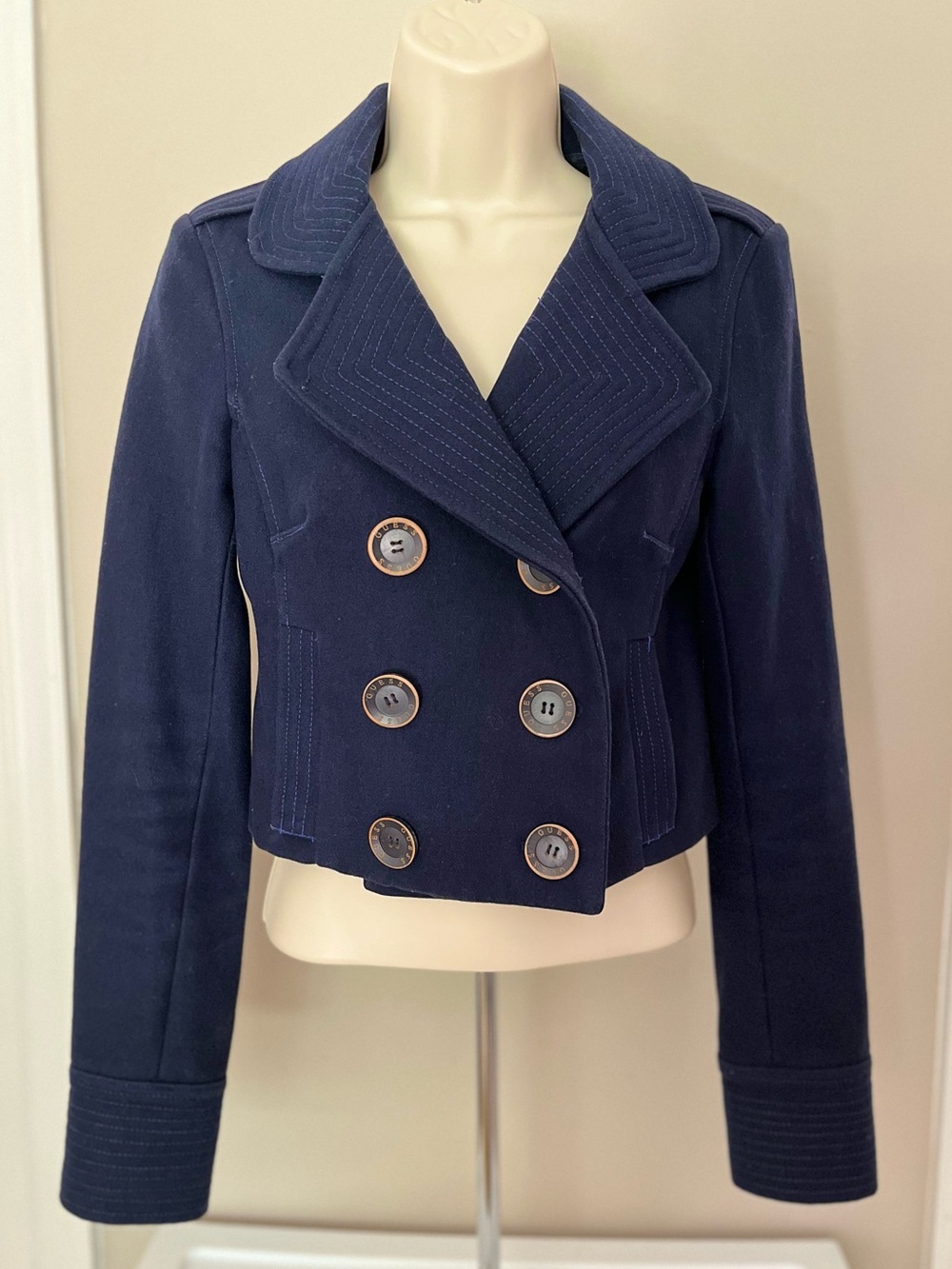 GUESS Women's Double-Breasted Navy Peacoat Jacket